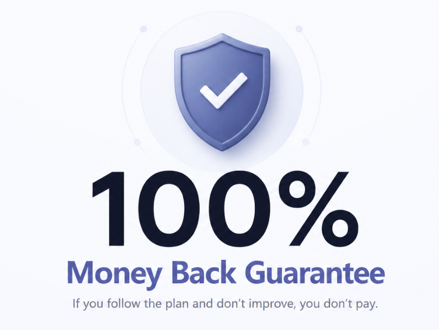 100% Money Back Guarantee if you follow the plan and do not improve, you do not pay